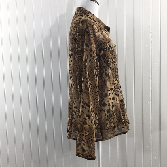 Chico's Brown Animal Print Button Front Shirt Womens 2 Large 12 100% Silk - Picture 2 of 12
